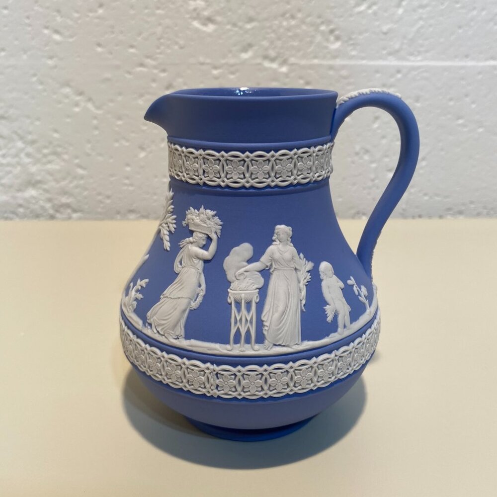 Wedgwood Blue Jasperware Etruscan Jug with White Motif